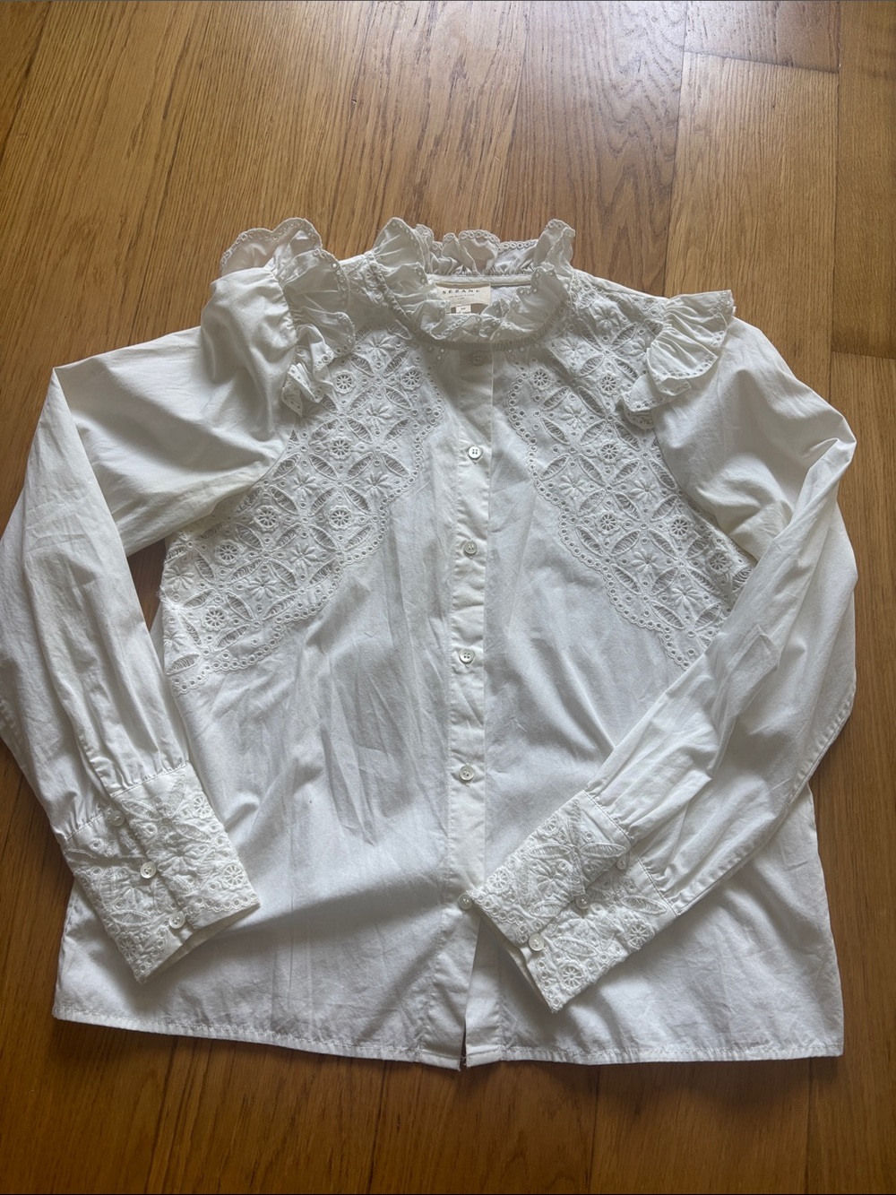 Sezane White Cotton Lace Ruffle-Neck Blouse